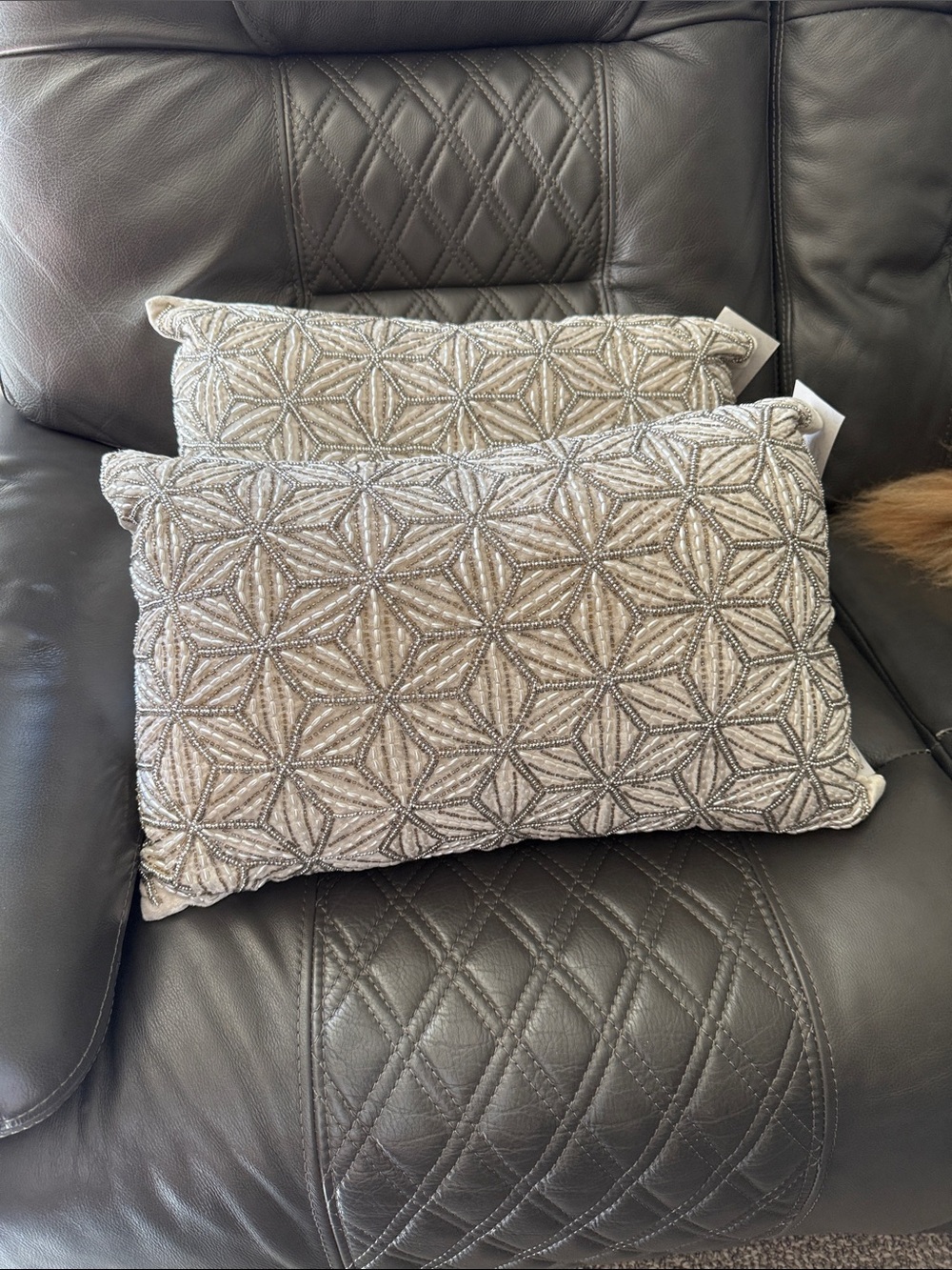 Embroidered Geometric Accent Pillow - Taupe, silver a pearls. (2 pillows)